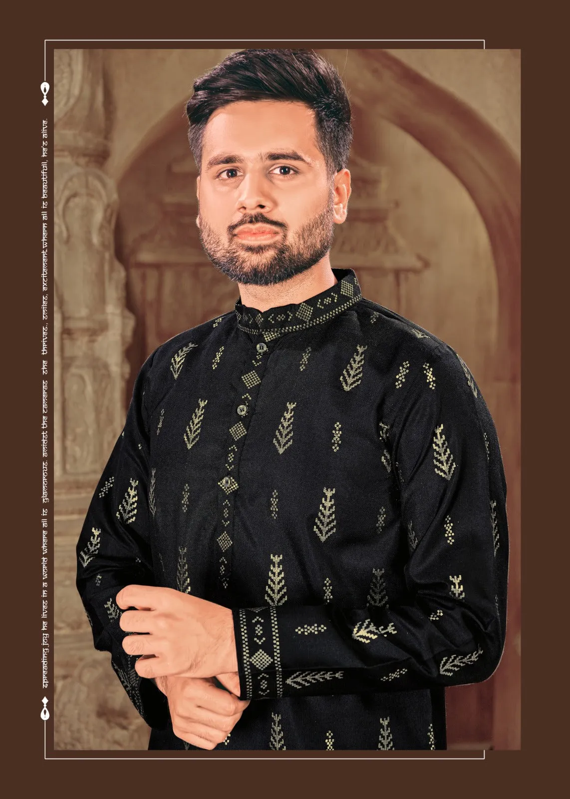 Men's Black Cotton Kurta with Foil Print and Pajama 